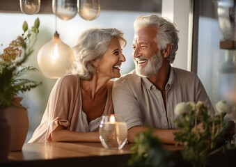 Joyful elderly couple in their 50-60's sharing happy moments together. Casual lifestyle. Not real person. Generative AI