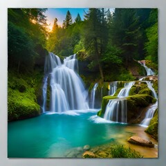 Fototapeta na wymiar waterfall in the forest among big green trees