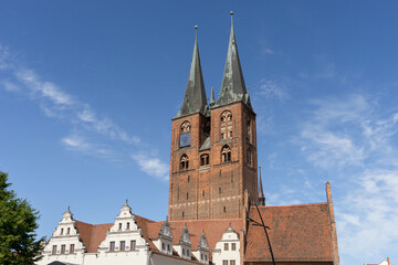 Gothic St. Mary's Church and Renaissance facade of the town hall in Stendal