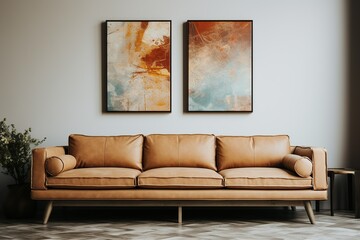 A warm and cozy interior with  brown leather couch and canvas frames on the wall. Comfortable elegance. Generative AI