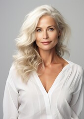 Naklejka premium An attractive senior woman in her 50-60s radiating beauty and joy in casual attire. Not real person. Generative Ai