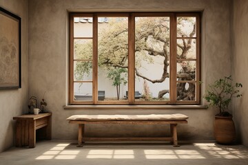 Room interior with bench and windows overlooking courtyard. Generative AI