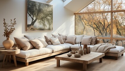 A beautiful and cozy interior with warm earthy tones and a spacious modern sofa. Inviting comfort. Generative AI