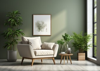 A cozy home interior with a comfortable armchair and a mock-up frame, Generative AI