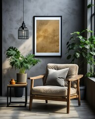 A cozy home interior with a comfortable armchair and a mock-up frame, Generative AI