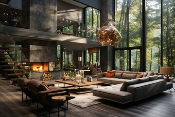 Fototapeta premium A luxurious modern home interior featuring a spacious open layout. Contemporary design. Generative AI