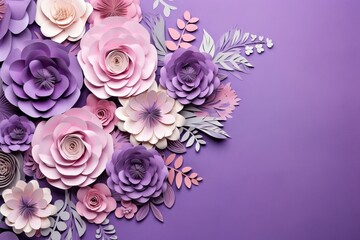 Floral bouquet frame on purple background. Colorful paper spring flowers and leaves wallpaper. Border for greeting card design for holiday, Mother's day, easter, Valentine day. Papercraft, quilling