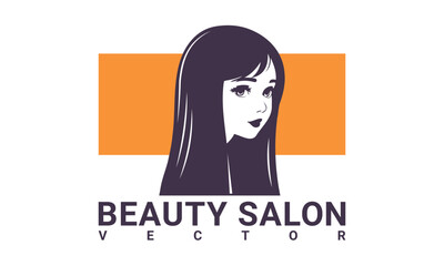 Vector beautiful nice cute brunette girl with long hair. Orange rectangle. Lettering, beauty salon. Label or logo. White isolated background.