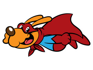 Super Puppy wearing mask, cape, and superhero costume flying on sky. Best for sticker, logo, and mascot with superhero themes for kids
