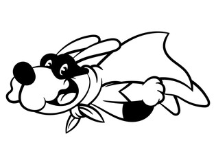 Super Puppy wearing mask, cape, and superhero costume flying on sky. Best for outline, mascot, and coloring book with superhero themes for kids