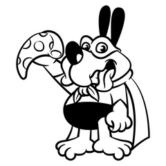 Cartoon illustration of A Dog wearing mask, cape, and superhero costume. Show a Pizza slice with it's hand. Best for outline, logo, mascot, coloring book with fast food restaurant themes