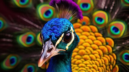 Colorful and exotic peacock close-up, beautiful animal in nature. Created with Generative Ai technology.
