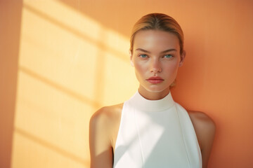 woman/model in a colorful daylight clean/natural beauty commercial portrait long hair and a thoughtful expression in a fashion/beauty editorial magazine style film photography look - generative ai art