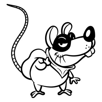 Cartoon Illustration Of A Little Mouse Wearing Mask And Scarf. Carrying A Bag Of Money. Best For Outline, Logo, Mascot, And Coloring Book With Corruption Themes