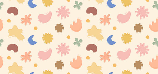 Seamless pastel colored vector pattern of abstract doodle hand drawn organic shapes.