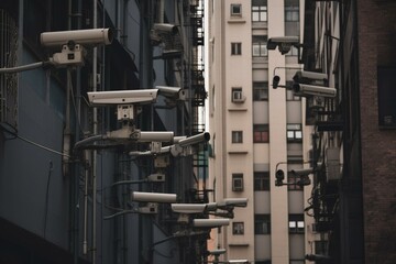 A society under constant surveillance, with monitoring systems, security cameras, privacy invasion, government control, watchful eyes, intrusion detection, digital spying, and snooping. Generative AI