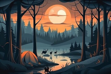 Night forest with a deer, river, and tents. Camping concept with a beautiful dawn illustration for advertising banner. Generative AI