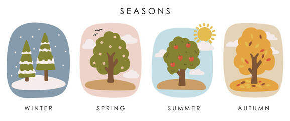 Seasons landscape set vector, abstract season tree vector, seasons illustration, plants vector