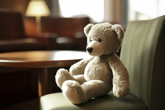 Digital image depicting a teddy bear relaxing on a chair in a cafe or kids' room. Generative AI