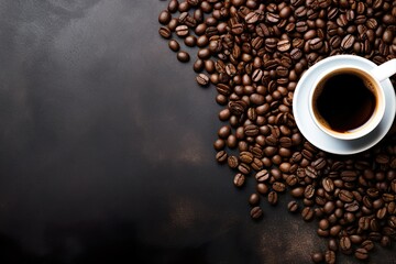 top view coffee cup and coffee beans on dark table background with copy space 