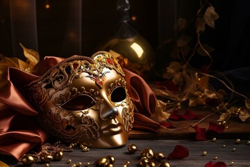 Venetian mask on table with gold banner, ideal for mardi gras or masquerade party. Generative AI - obrazy, fototapety, plakaty