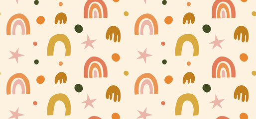 Seamless pastel colored vector pattern of rainbows and abstract doodle hand drawn organic shapes.
