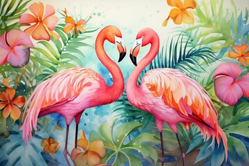 Vibrant and colorful watercolor painting featuring a tropical design with palm trees and flamingos. Generative AI