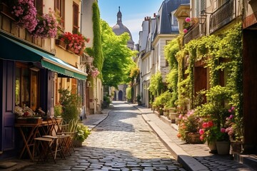 A charming street in the Montmartre quarter of Paris with iconic architecture and landmarks. A picturesque postcard destination. Generative AI