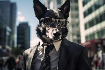 スーツを着てサングラスを掛けた犬２ - obrazy, fototapety, plakaty