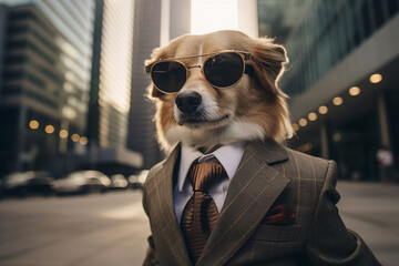 スーツを着てサングラスを掛けた犬１ - obrazy, fototapety, plakaty