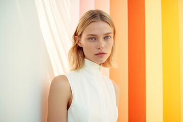 Naklejka premium woman/model in a colorful daylight clean/natural beauty commercial portrait long hair and a thoughtful expression in a fashion/beauty editorial magazine style film photography look - generative ai art