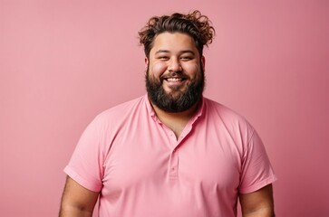 Happy young man with overweight and beard isolated on a pink background, looks into the camera and smiles. Fat guy in a pink shirt - obrazy, fototapety, plakaty