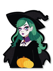 Halloween witch with pumpkin. 2d vector art.  Sticker.