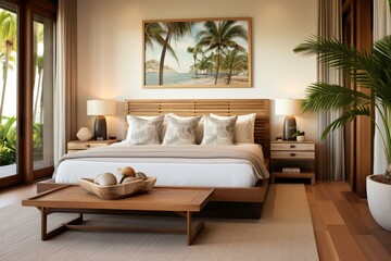 Modern master bedroom with wooden coffee tables, plaid pillows, tropical plants, and elegant personal accessories. Generative AI