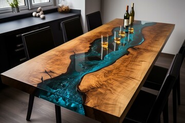 Kitchen table with epoxy resin and oak wood. Generative AI