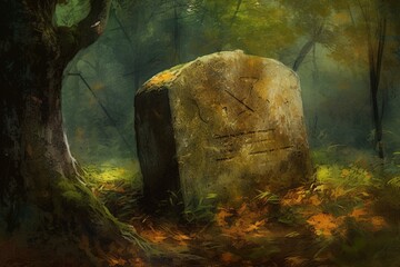 Digital painting of an ancient gravestone in a forest. Generative AI