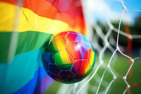 Close-up of rainbow soccer ball in goal net, symbolizing LGBT sports event. Generative AI