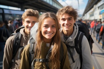 Friends - girl and two boys, with backpacks at railway station waiting for train. Smiling teens tourists or students ready for trip.