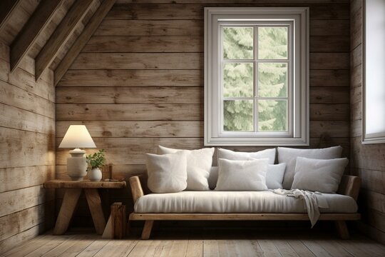 Cozy room with sofa, table, and window. Blank wall. Generative AI