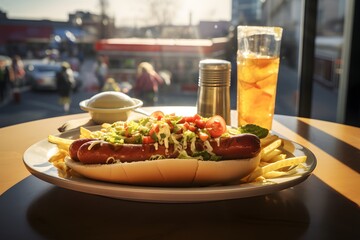 A closeup shot of a delicious hotdog on the table - obrazy, fototapety, plakaty