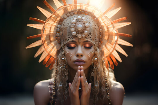 Gorgeous blonde goddess with closed eyes, praying under the sun, illuminating her headpiece. 