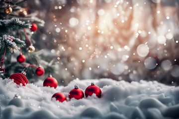 Naklejka na ściany i meble Christmas tree with baubles under the snow
