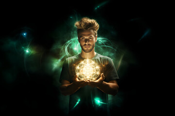 Young man holding a globe of energy, symbolizing his connection to a powerful and dynamic force. 