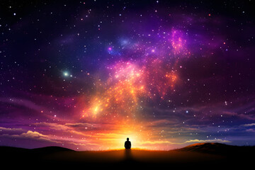 Fototapeta premium An image depicts a man meditating alone in the midst of an astral and spectral environment. This scene captures his serene connection with a surreal and otherworldly realm.