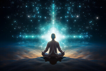 An image depicts a man meditating alone in the midst of an astral and spectral environment. This scene captures his serene connection with a surreal and otherworldly realm.