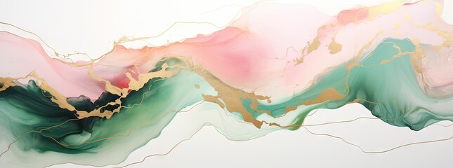 Banner with fluid art texture. Backdrop with abstract mixing paint effect. Liquid acrylic artwork that flows and splashes. Mixed paints for interior poster. Emerald green, gold and white colors