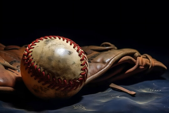 Close up baseball and glove on dark background showing intricate detailing and red laces, sports concept