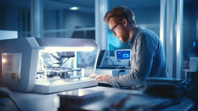 An engineer prints a prototype model on a 3d printer in a laboratory using equipment. Creativity, technology and 3d printing concept. - Powered by Adobe