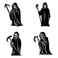 Collection of simple flat Grim Reaper vector. Halloween Grim Reaper cartoon. Cartoon spooky character