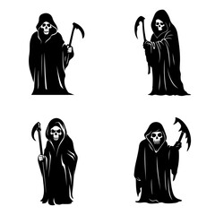 Collection of simple flat Grim Reaper vector. Halloween Grim Reaper cartoon. Cartoon spooky character